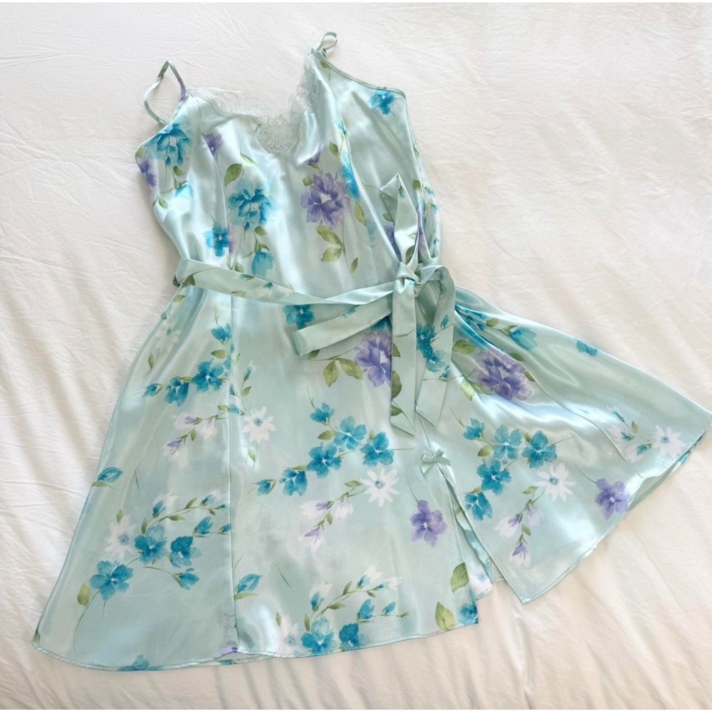 Vintage Y2K Whispers Blue Floral Satin Slip Dress Lace Tie Belt Size L